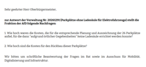 Mehr über den Artikel erfahren Nachfrage zu Elektroparkplätzen (Rat, 18.6.2025)